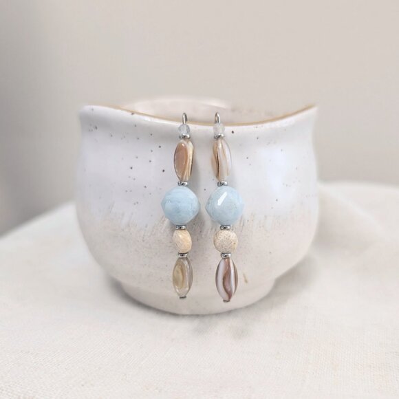 Coastal Aquamarine, Jasper and Shell Steel Hook Drop Earrings - Picture 8 of 8